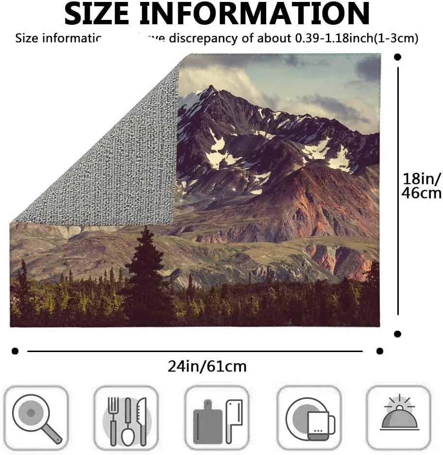 Alaska Mountains Dish Drying Mat,Arctic Landscape Hiking Alaska Mountains Scenery Usa Wilderness Drying Mat for Kitchen Counter 18x24 Inches Quick Drying Foldable Mat