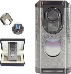 All-in-1 Cigar Lighter Built-in Cigar Punch, Holder, Cigar Draw Enhancer,Cigar Torch Lighter,3 Jet Flame Refillable Windproof Butane Lighters for Men Gift,Silver(Butane not Included)