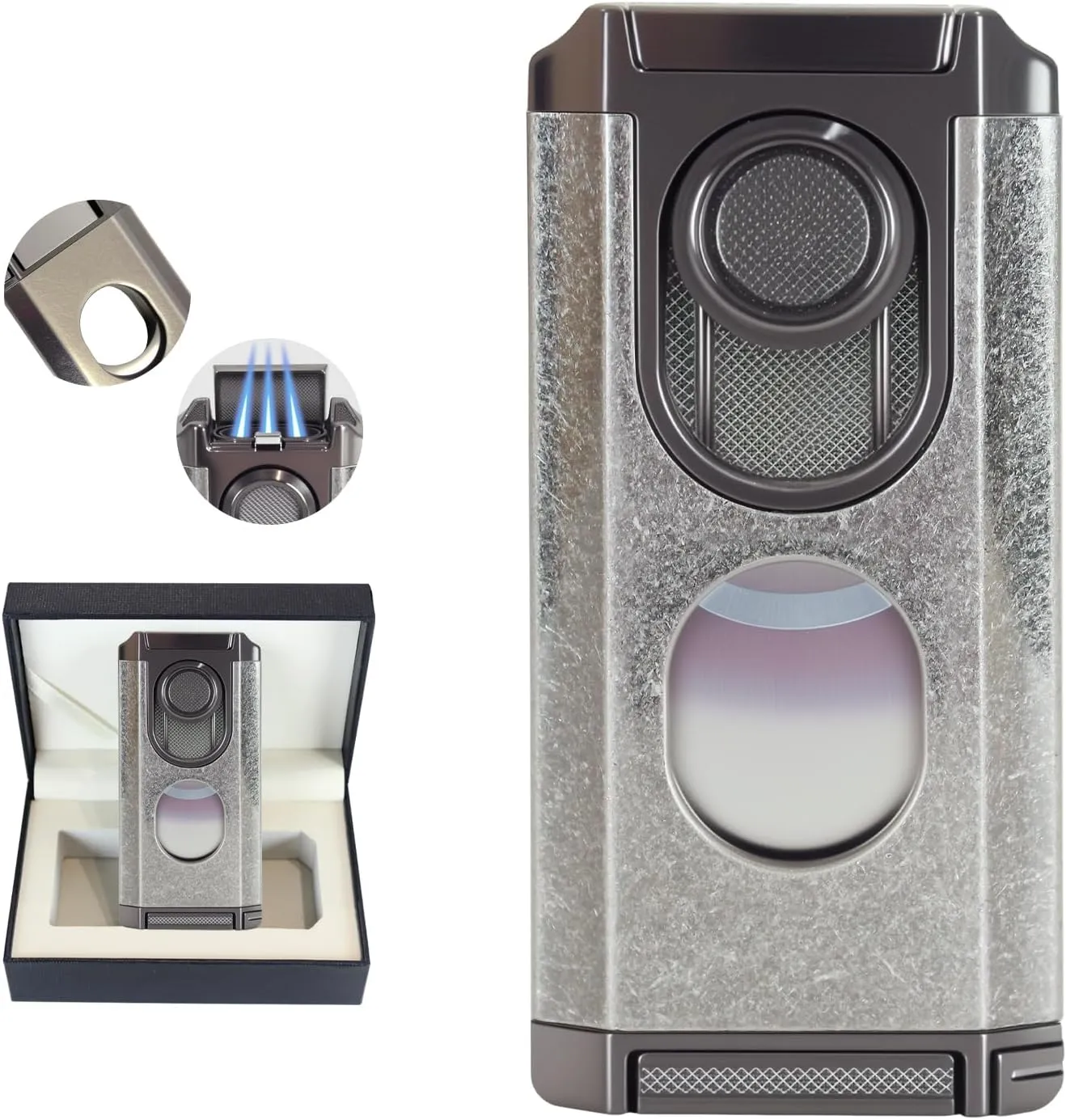 All-in-1 Cigar Lighter Built-in Cigar Punch, Holder, Cigar Draw Enhancer,Cigar Torch Lighter,3 Jet Flame Refillable Windproof Butane Lighters for Men Gift,Silver(Butane not Included)