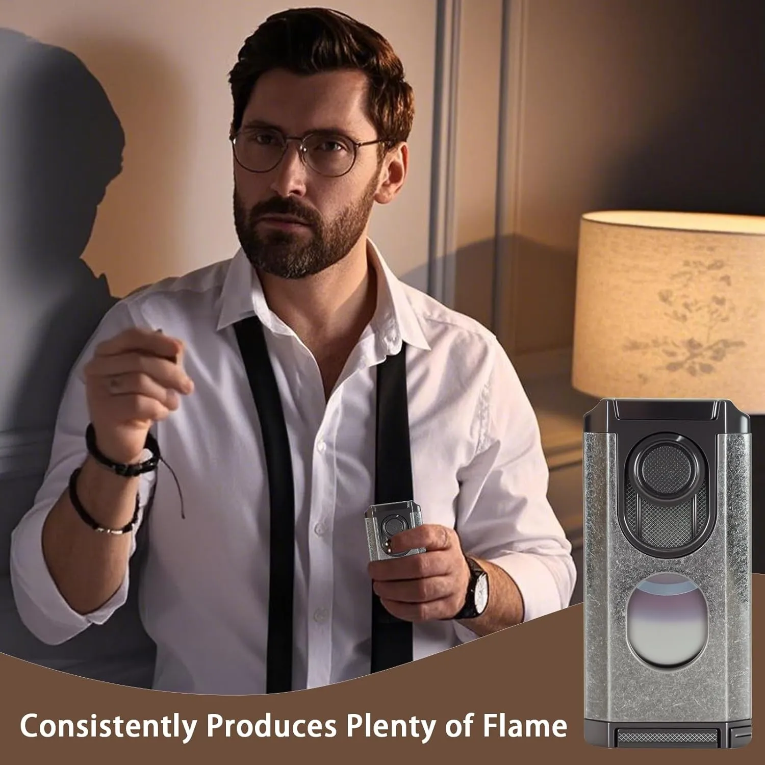 All-in-1 Cigar Lighter Built-in Cigar Punch, Holder, Cigar Draw Enhancer,Cigar Torch Lighter,3 Jet Flame Refillable Windproof Butane Lighters for Men Gift,Silver(Butane not Included)