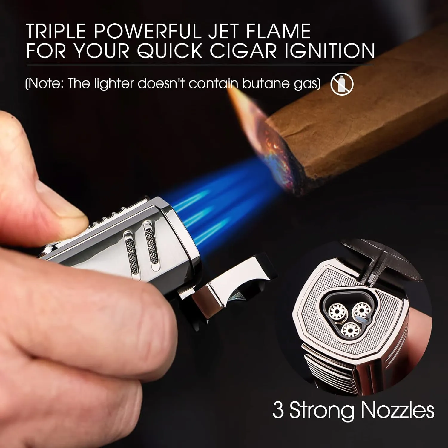All-in-one Torch Cigar Lighter with Triple Adjustable Jet Flames, Cigar Punch, Cigar Holder, Gorgeous Box for Cigar Gifts, Windproof Butane Refillable Cool Lighters for Smoking, Camping, Candles