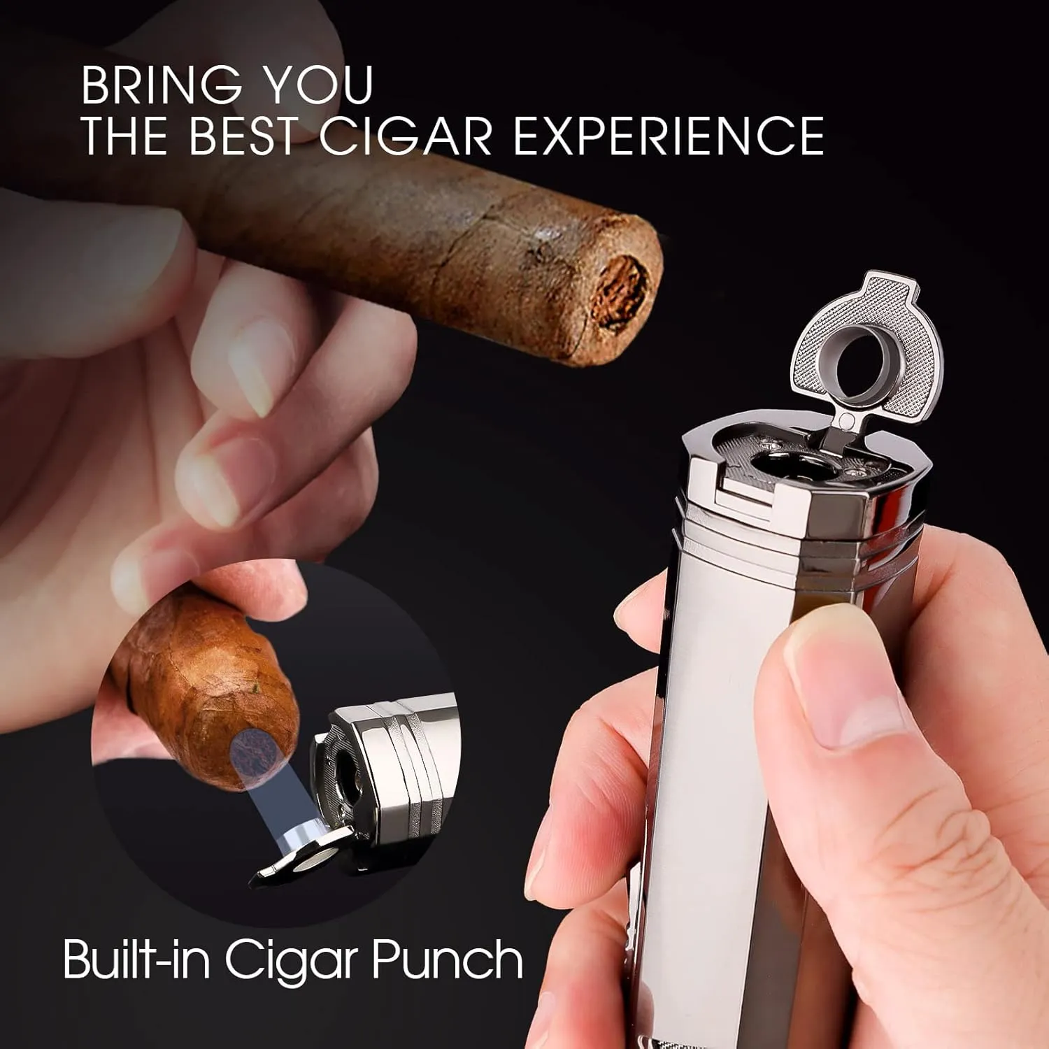 All-in-one Torch Cigar Lighter with Triple Adjustable Jet Flames, Cigar Punch, Cigar Holder, Gorgeous Box for Cigar Gifts, Windproof Butane Refillable Cool Lighters for Smoking, Camping, Candles