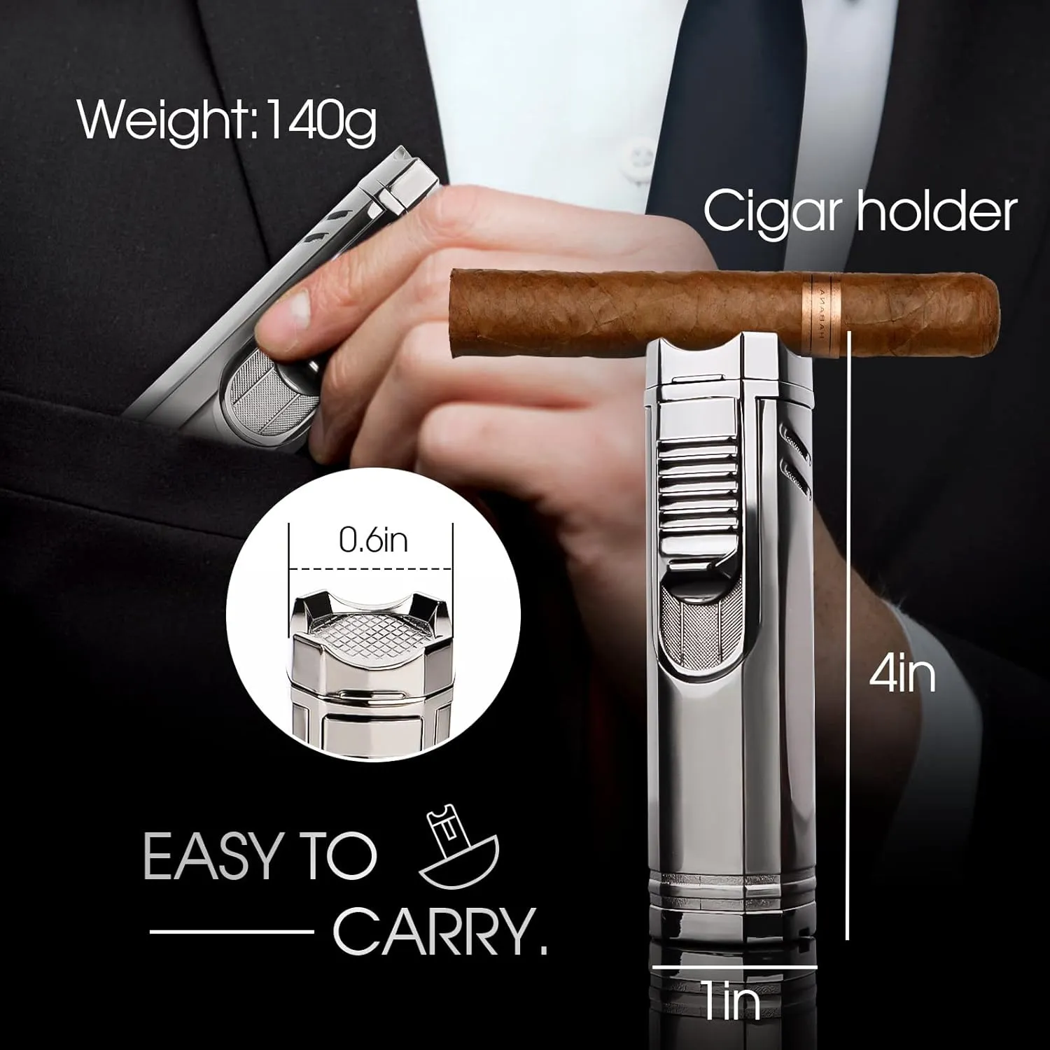 All-in-one Torch Cigar Lighter with Triple Adjustable Jet Flames, Cigar Punch, Cigar Holder, Gorgeous Box for Cigar Gifts, Windproof Butane Refillable Cool Lighters for Smoking, Camping, Candles