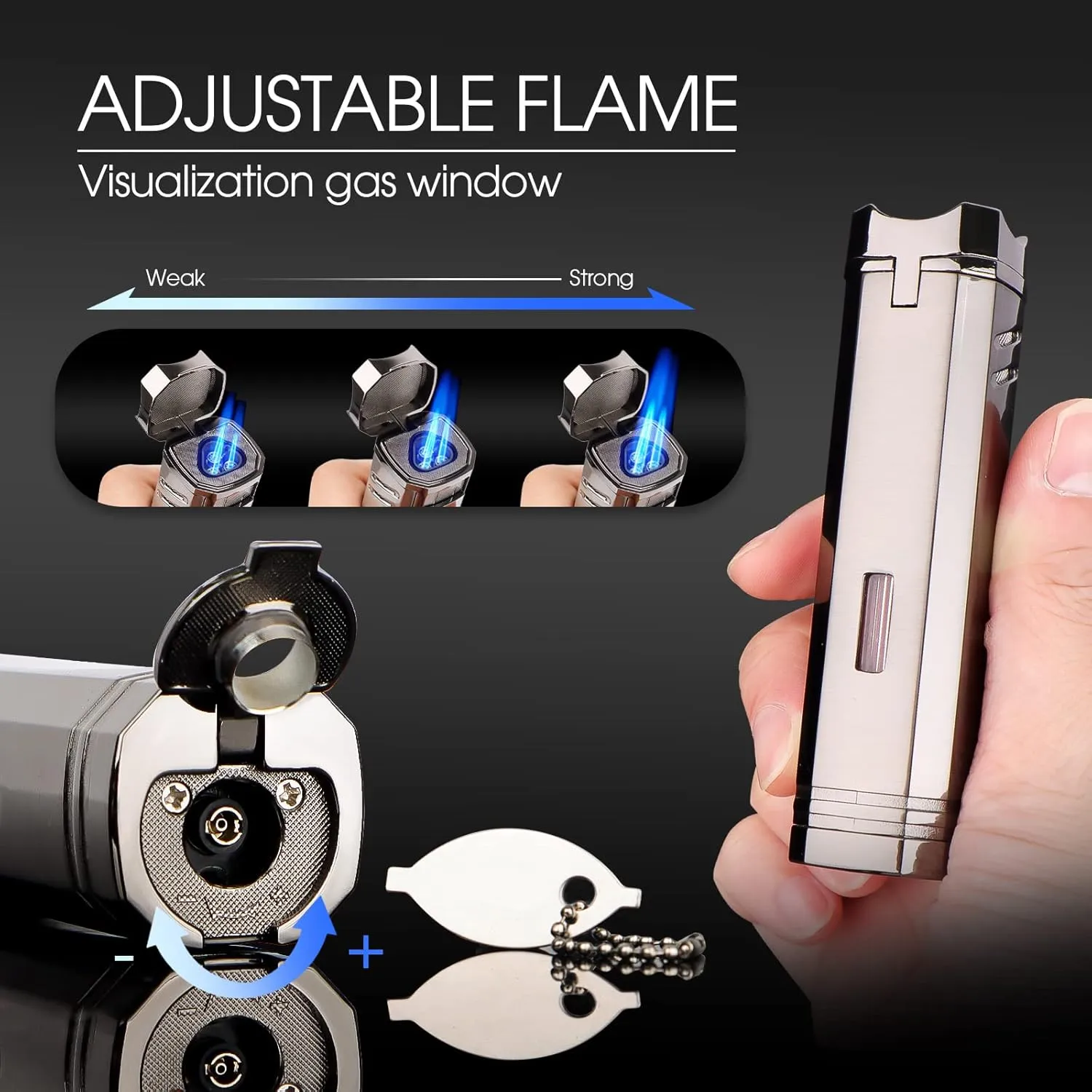 All-in-one Torch Cigar Lighter with Triple Adjustable Jet Flames, Cigar Punch, Cigar Holder, Gorgeous Box for Cigar Gifts, Windproof Butane Refillable Cool Lighters for Smoking, Camping, Candles