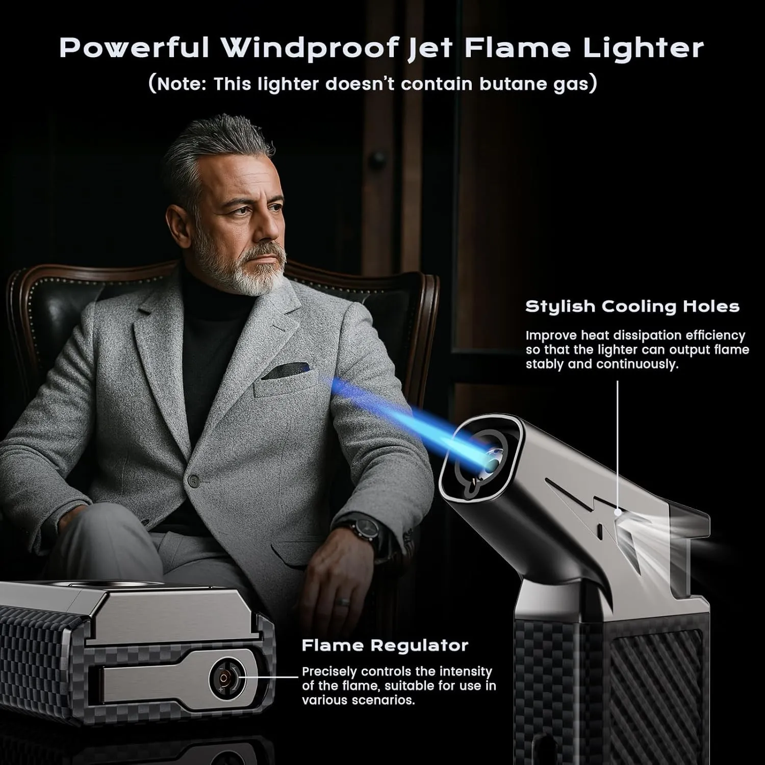 All-in-one Torch Lighter with Cutter, Built-in Punch, Refillable Windproof Jet Flame Butane Torch Lighters, Gifts for Men, Multifunctional Accessories Tool, Lighter for Candle, Travel (Without Fuel)