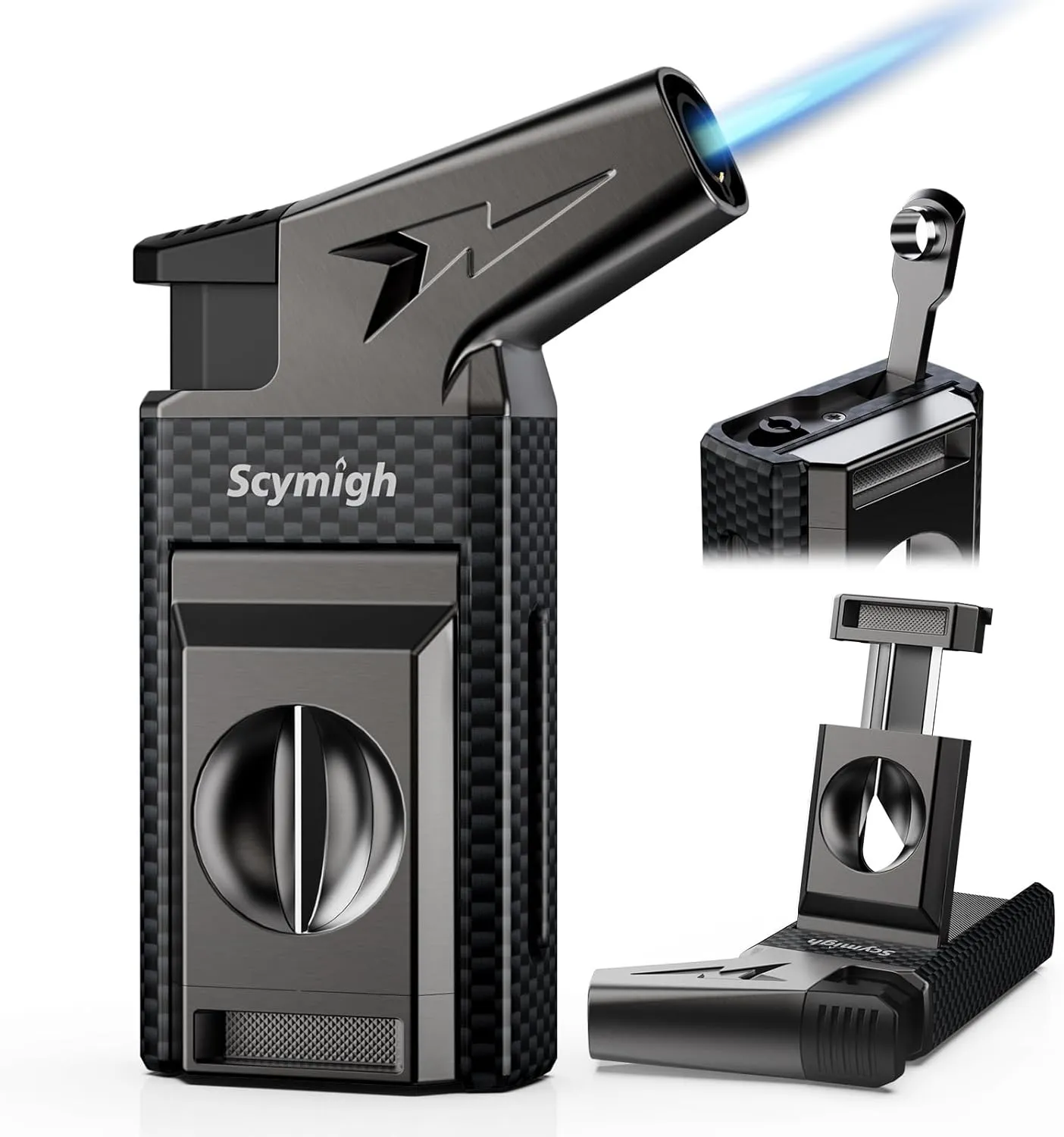 All-in-one Torch Lighter with Cutter, Built-in Punch, Refillable Windproof Jet Flame Butane Torch Lighters, Gifts for Men, Multifunctional Accessories Tool, Lighter for Candle, Travel (Without Fuel)