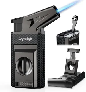 All-in-one Torch Lighter with Cutter, Built-in Punch, Refillable Windproof Jet Flame Butane Torch Lighters, Gifts for Men, Multifunctional Accessories Tool, Lighter for Candle, Travel (Without Fuel)