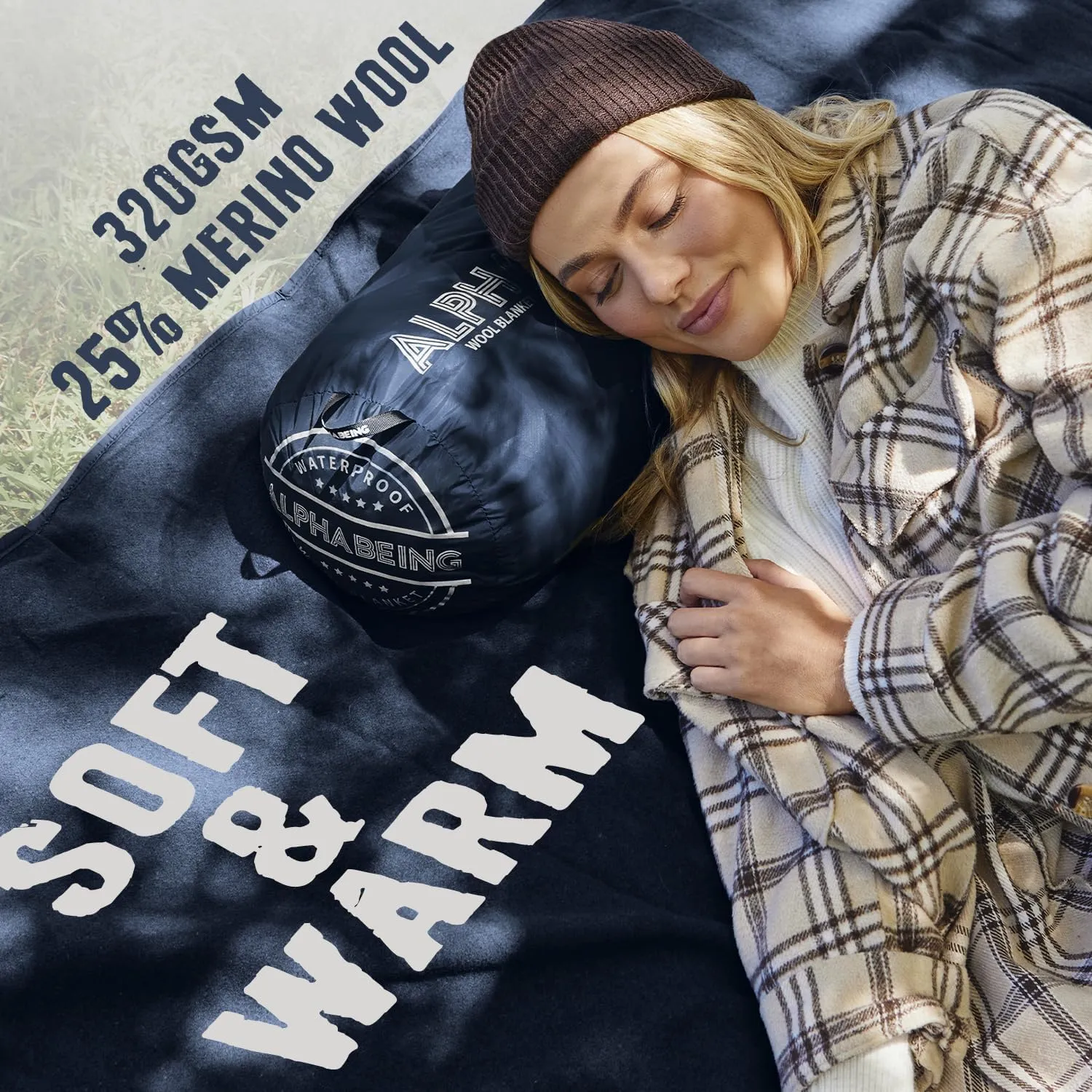 AlphaBeing Waterproof Outdoor Blanket with Merino Wool, Extra Thick Warm, Windproof, Packable Stadium Blankets for Cold Weather, Camping Gift, Pet, Car, Picnic, Concerts, 79" x 59", Navy