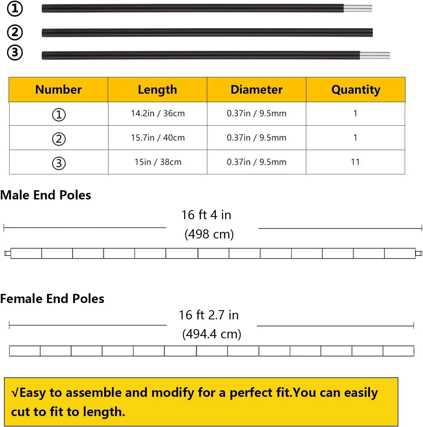 Aluminum Tent Poles Replacement,Pre-Assembled Tent Poles,Fits Both Female and Male Ends,7001 T6 Lightweight Tent Rod Repair Kit for Camping Hiking Backpacking Tent (16ft 4in), Black