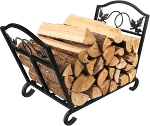 AMAGABELI GARDEN & HOME Fireplace Log Holders Firewood Rack Holder Indoor Heavy Duty Foldable Wrought Iron with Leaves Design and Raised Arched Feet Wood Rack for fire wood Black
