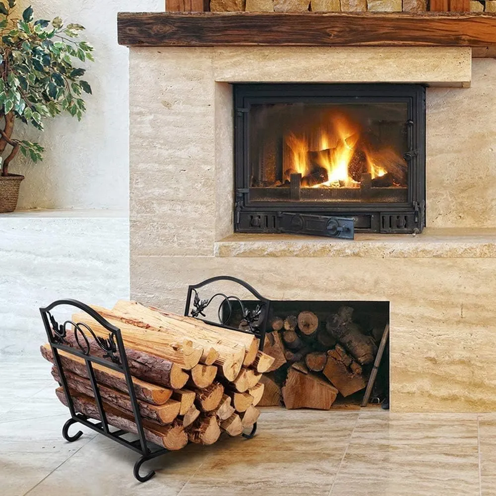 AMAGABELI GARDEN & HOME Fireplace Log Holders Firewood Rack Holder Indoor Heavy Duty Foldable Wrought Iron with Leaves Design and Raised Arched Feet Wood Rack for fire wood Black