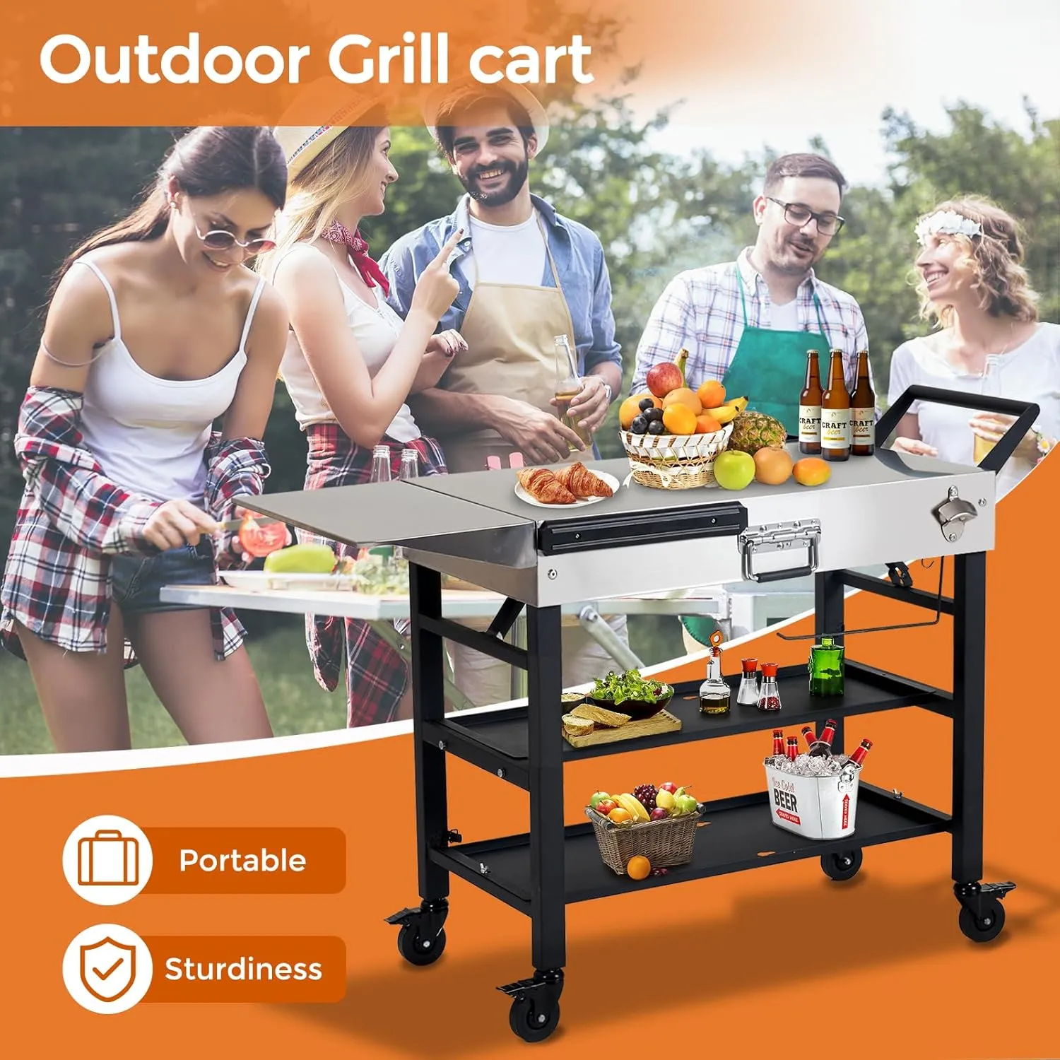 Annualing Stainless Steel Portable Outdoor Grill Cart,Foldable Griddle Table with Wheels,41×17 inch,2-layer Storage Rack,for 17/22in Blackstone Griddle,Ninja Woodfire Grill,Pizza Oven