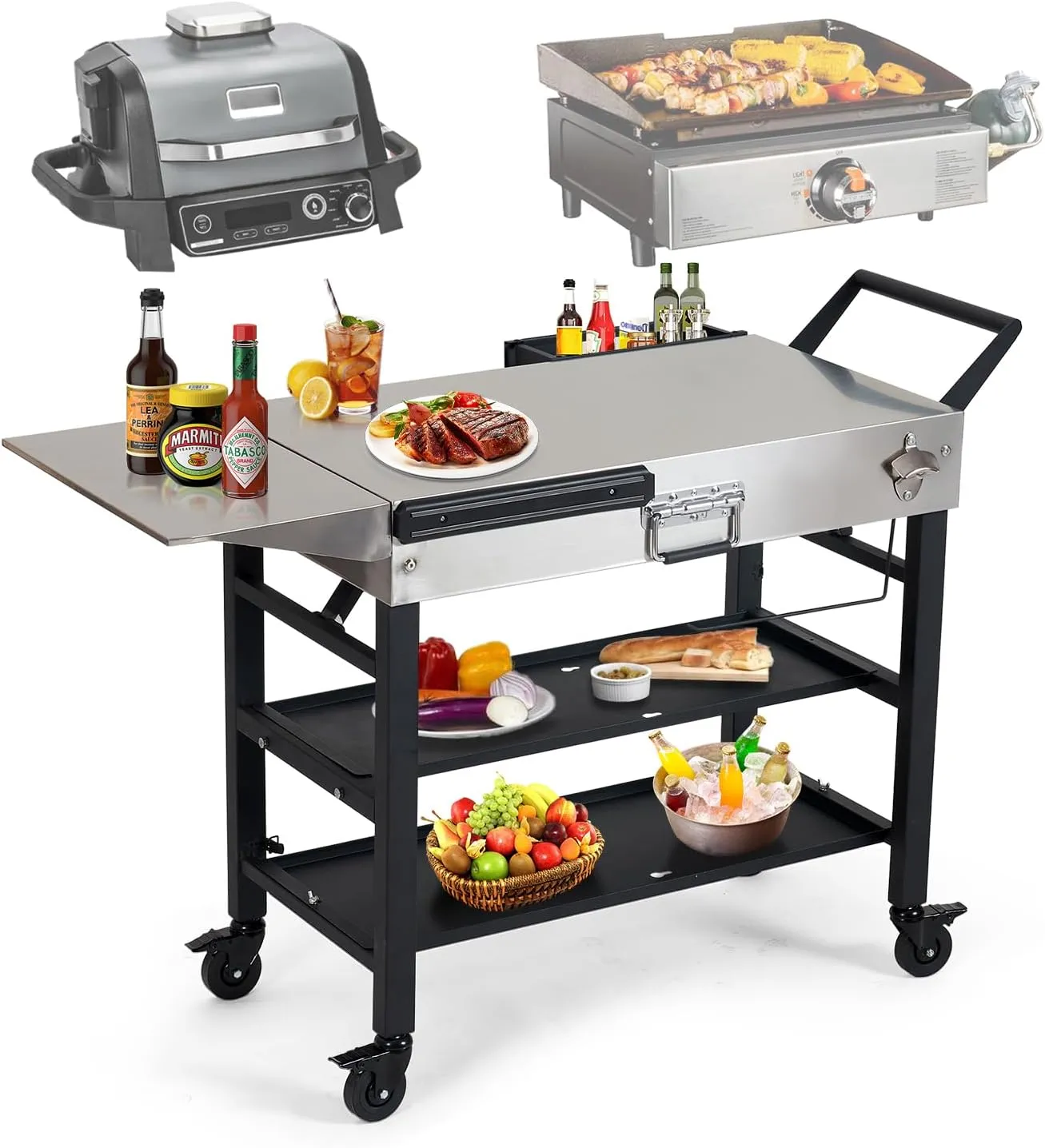 Annualing Stainless Steel Portable Outdoor Grill Cart,Foldable Griddle Table with Wheels,41×17 inch,2-layer Storage Rack,for 17/22in Blackstone Griddle,Ninja Woodfire Grill,Pizza Oven