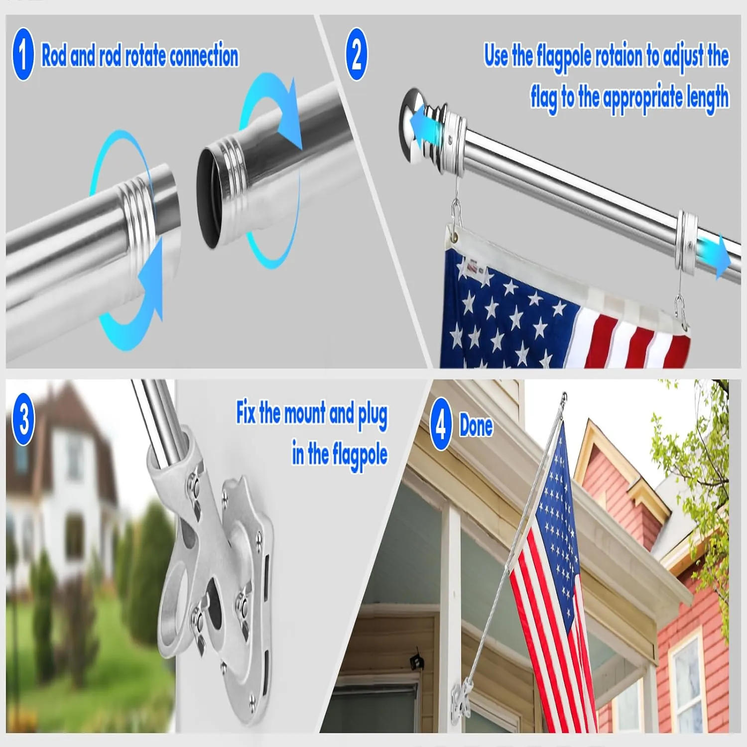 Anovo Flag Pole Kit- Stainless Steel 6 FT Flag Poles with1 Inch Metal 360° Rotating Flag Pole Rings Clip, Two-Position Flag Pole Holder Brackets Mounting for Outside House Outdoor Porch (6 FT-Sliver)