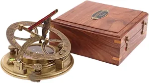 Antique Nautical Engraved Brass Sundial Compass with Wooden Case Directional Maritime Navigational Pocket Compass Tool for Hiking Trekking Travelling & Camping by DOLLOND LONDONE1920