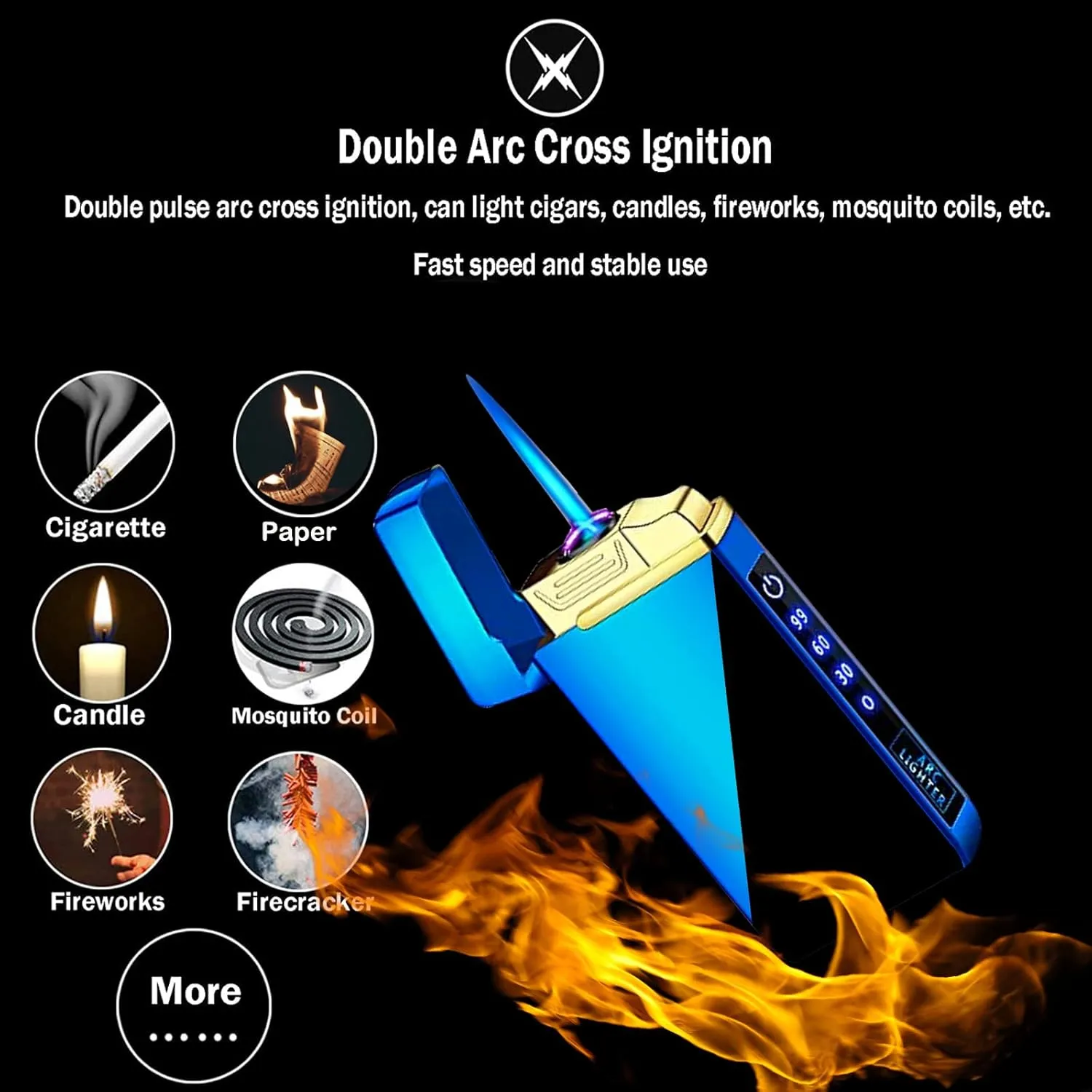 Arc Electric and Refillable Butane Jet Flame Torch Lighter 2 in 1, USB Rechargeable with LED Lighting Windproof for Fire, BBQs, Fireworks, Candle, Camping, Outdoor (Blue Ice)