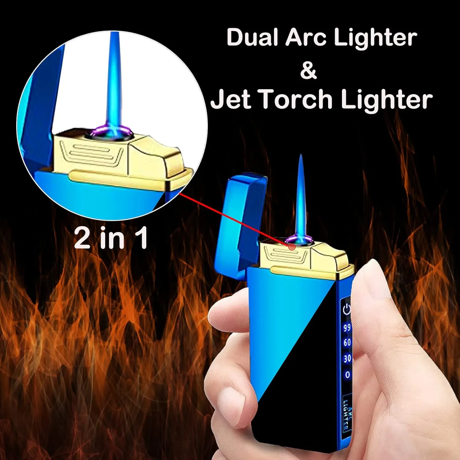 Arc Electric and Refillable Butane Jet Flame Torch Lighter 2 in 1, USB Rechargeable with LED Lighting Windproof for Fire, BBQs, Fireworks, Candle, Camping, Outdoor (Blue Ice)