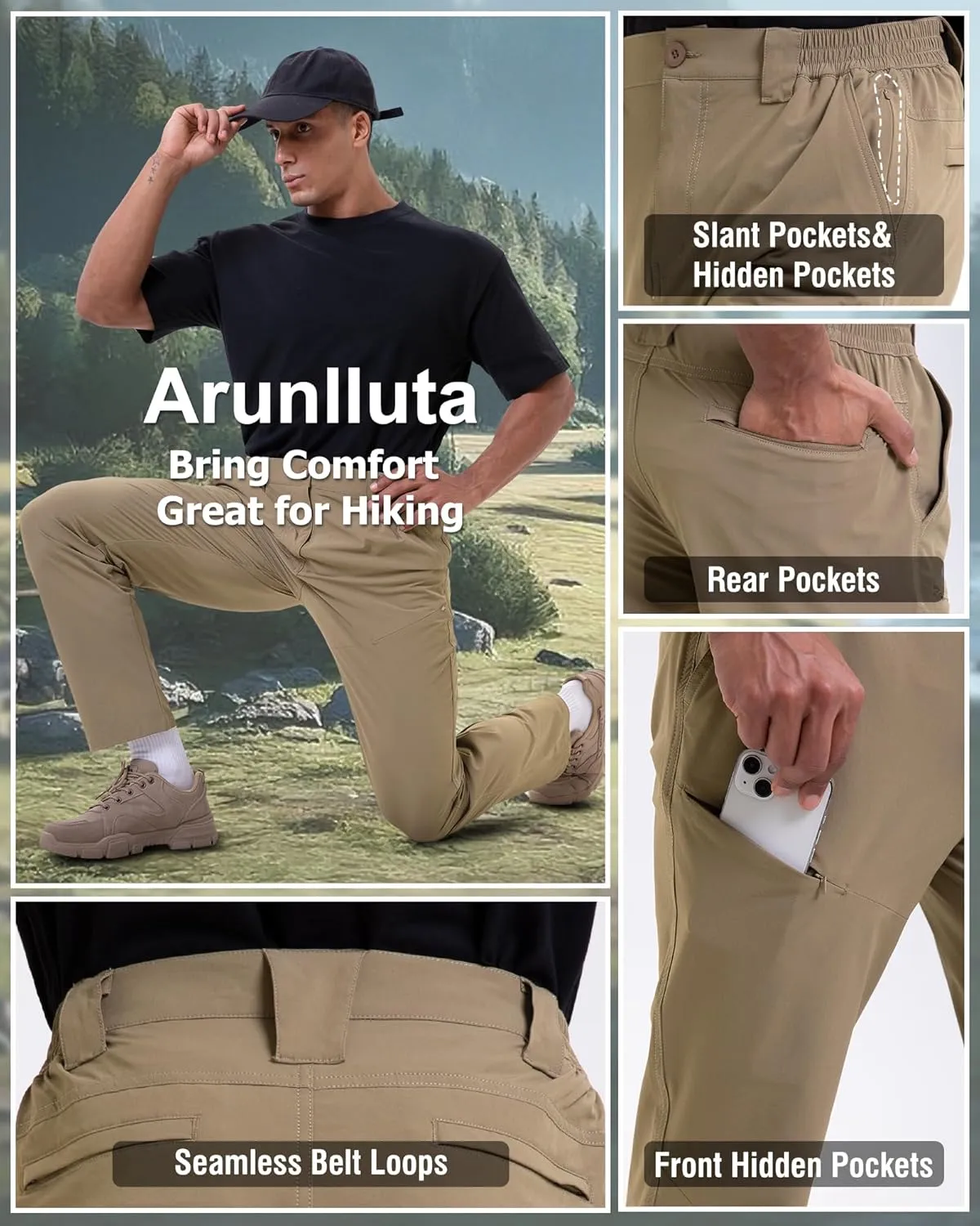 Arunlluta Hiking Pants Men Quick Dry Travel Pants for Men Stretch Work Pants Lightweight Mens Golf Pants Water Resistant