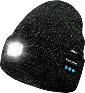ATNKE LED Lighted Bluetooth Beanie Hat,USB Rechargeable 4 LED Wireless Music Running Headlamp Cap Gift for Men and Women