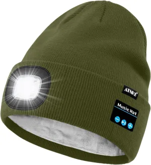 ATNKE LED Lighted Bluetooth Beanie Hat,USB Rechargeable 4 LED Wireless Run Headlamp Lined Fleece Cap for Men and Women