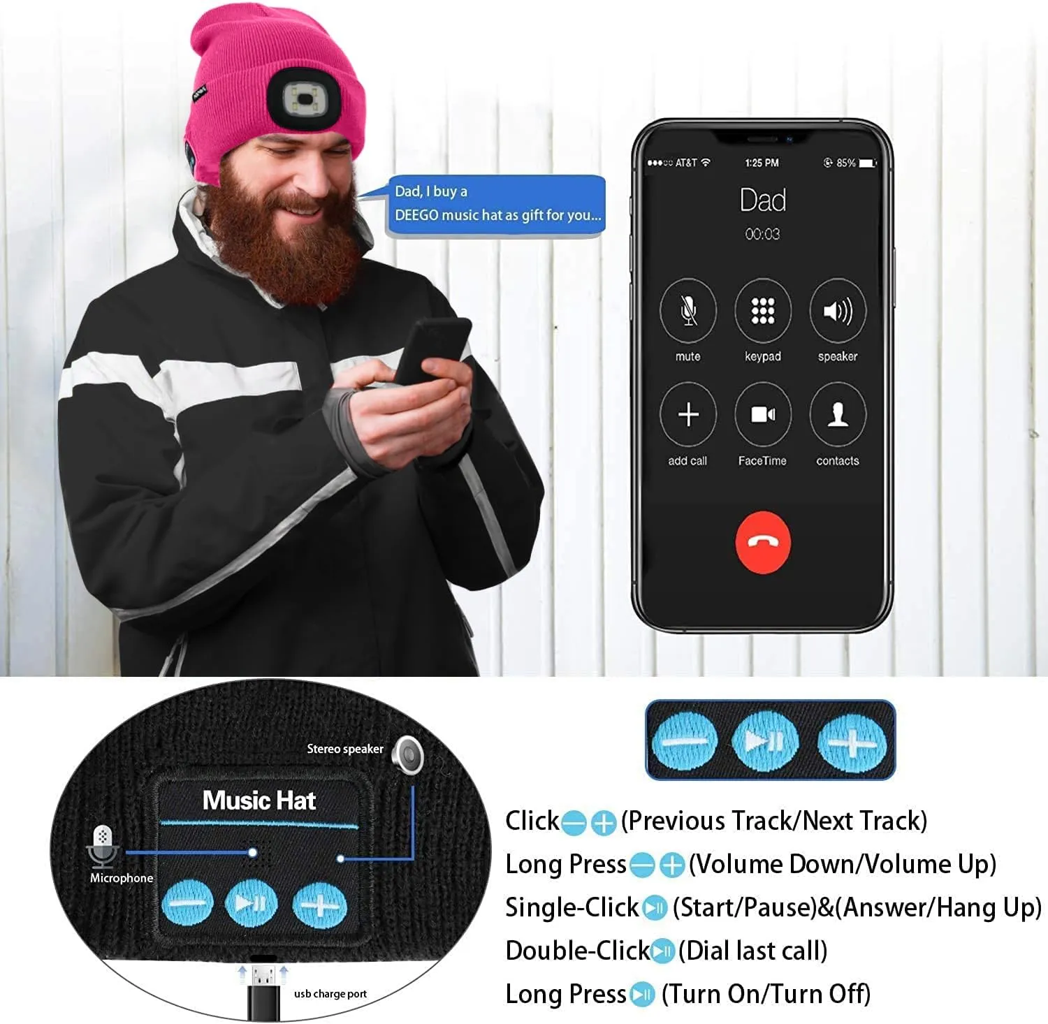 ATNKE LED Lighted Bluetooth Beanie Hat,USB Rechargeable 4 LED Wireless Run Headlamp Lined Fleece Cap for Men and Women