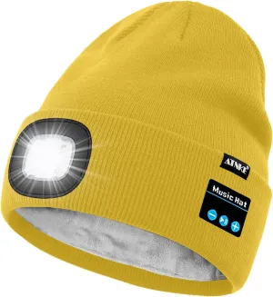 ATNKE LED Lighted Bluetooth Beanie Hat,USB Rechargeable 4 LED Wireless Run Headlamp Lined Fleece Cap for Men and Women