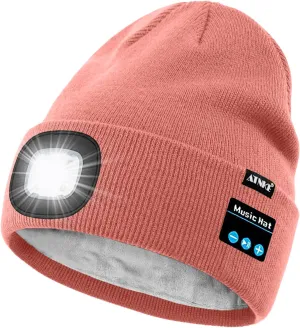 ATNKE LED Lighted Bluetooth Beanie Hat,USB Rechargeable 4 LED Wireless Run Headlamp Lined Fleece Cap for Men and Women