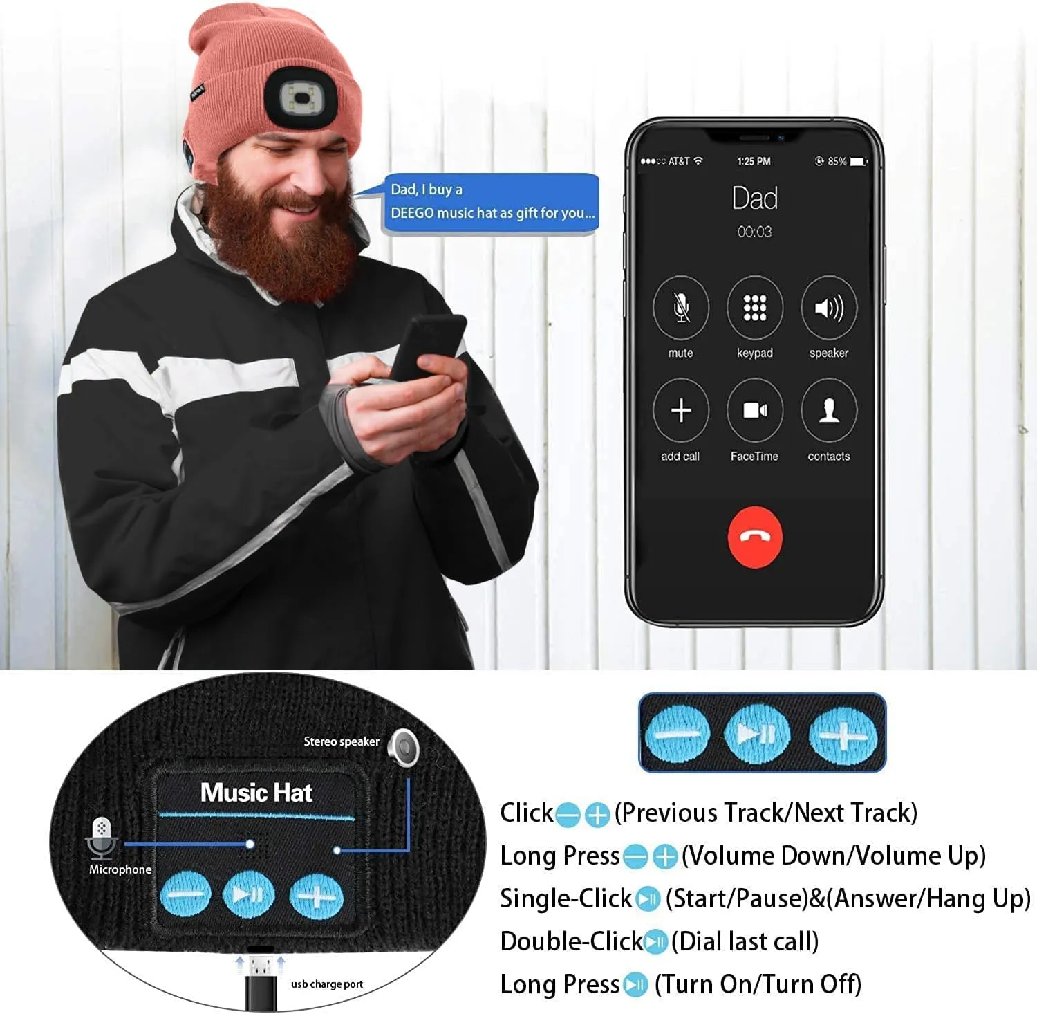 ATNKE LED Lighted Bluetooth Beanie Hat,USB Rechargeable 4 LED Wireless Run Headlamp Lined Fleece Cap for Men and Women