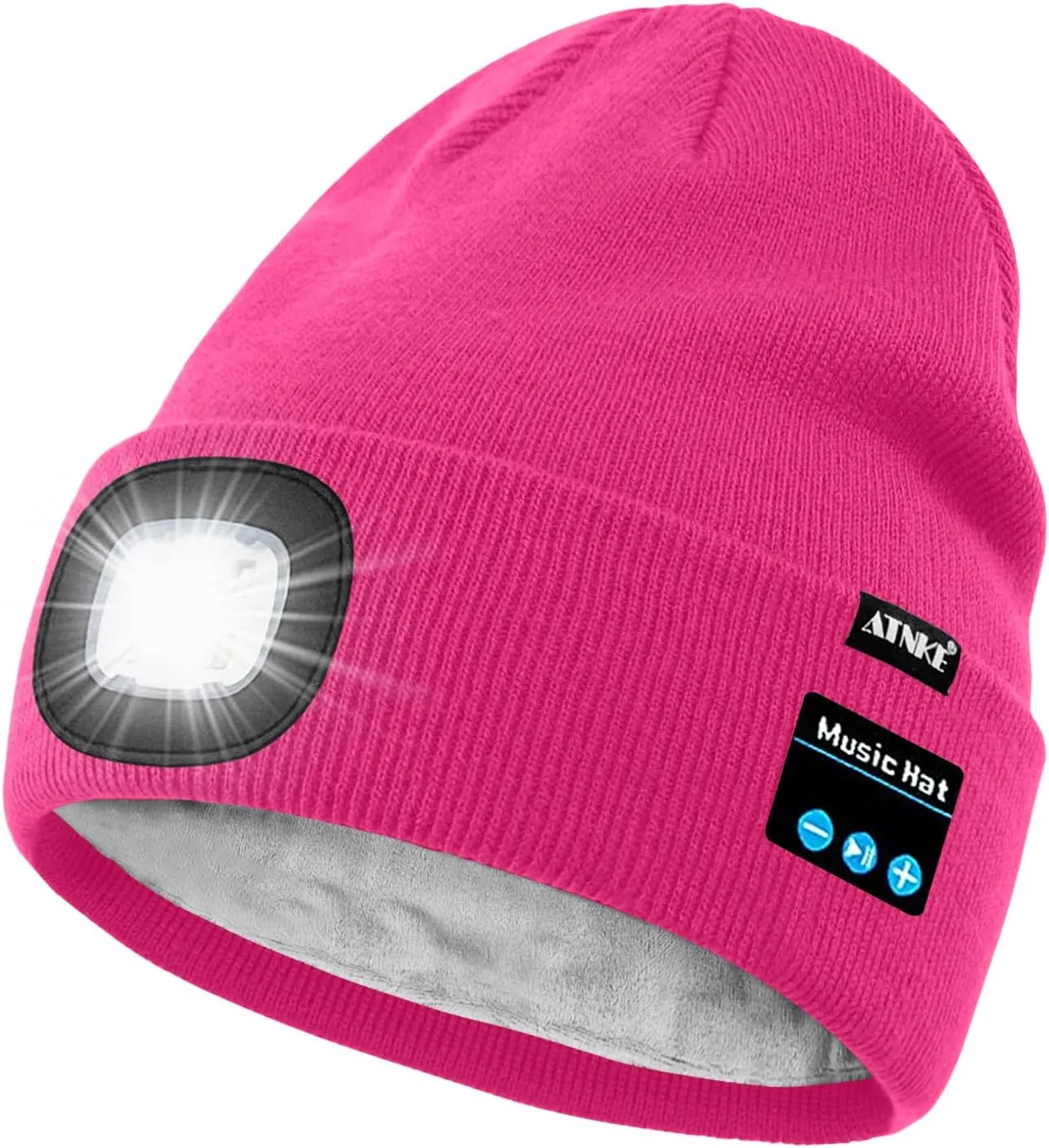 ATNKE LED Lighted Bluetooth Beanie Hat,USB Rechargeable 4 LED Wireless Run Headlamp Lined Fleece Cap for Men and Women