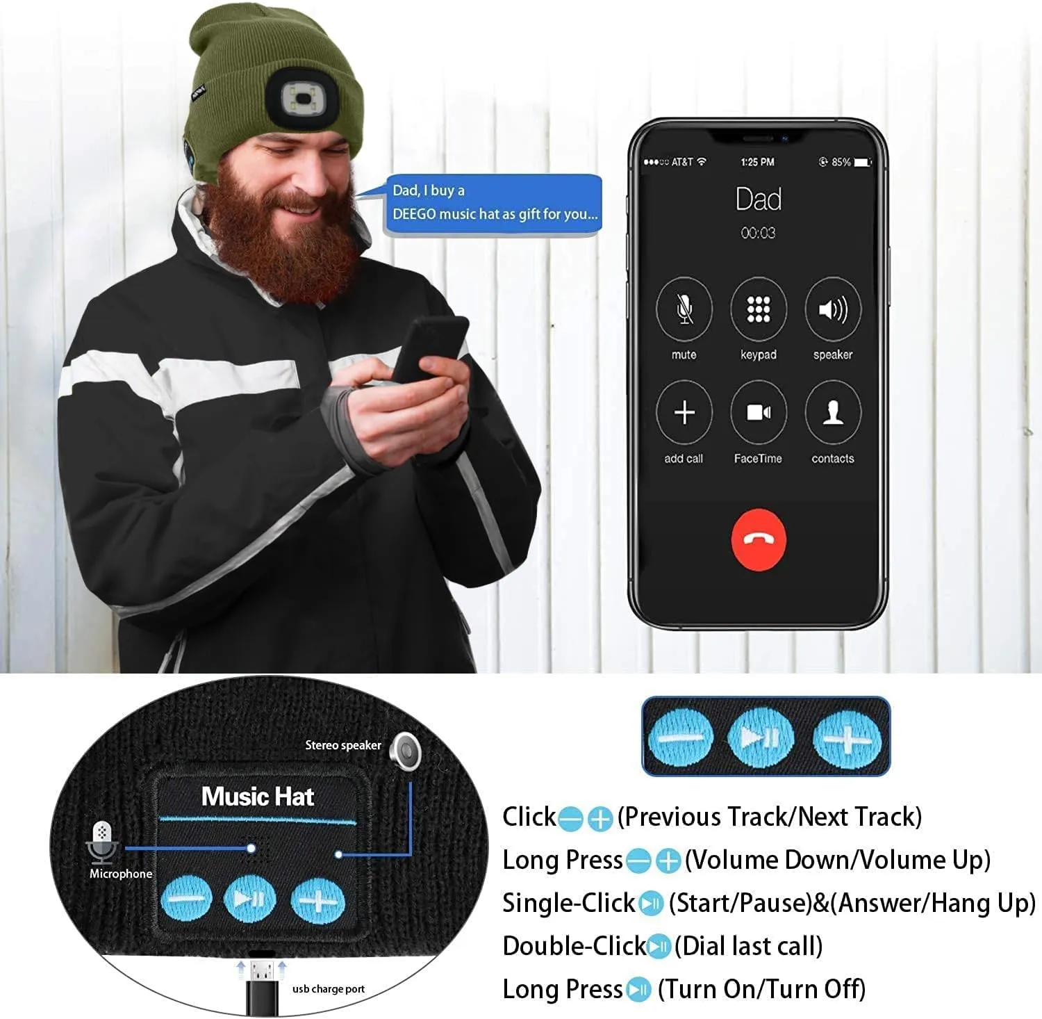 ATNKE LED Lighted Bluetooth Beanie Hat,USB Rechargeable 4 LED Wireless Run Headlamp Lined Fleece Cap for Men and Women