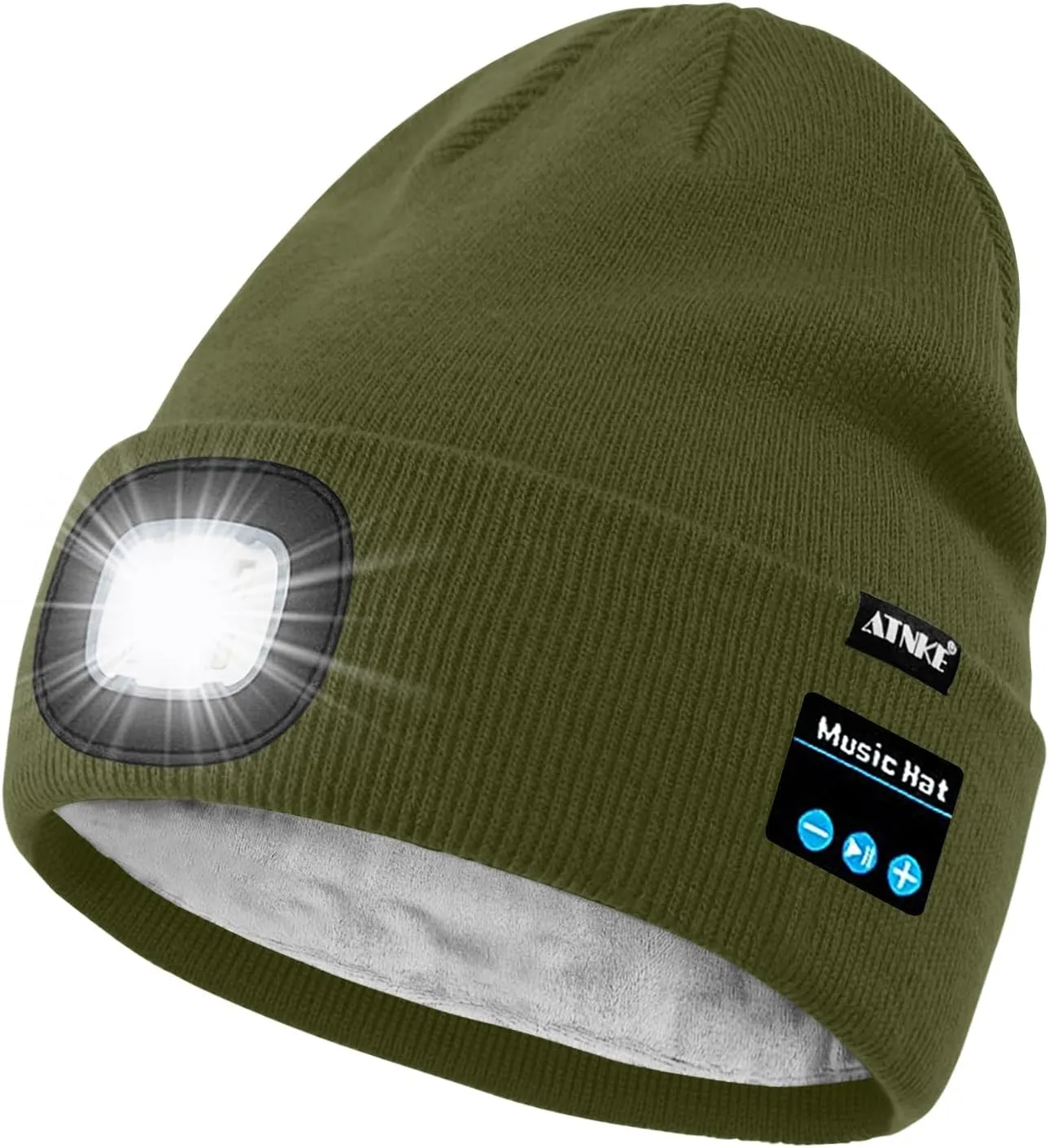 ATNKE LED Lighted Bluetooth Beanie Hat,USB Rechargeable 4 LED Wireless Run Headlamp Lined Fleece Cap for Men and Women