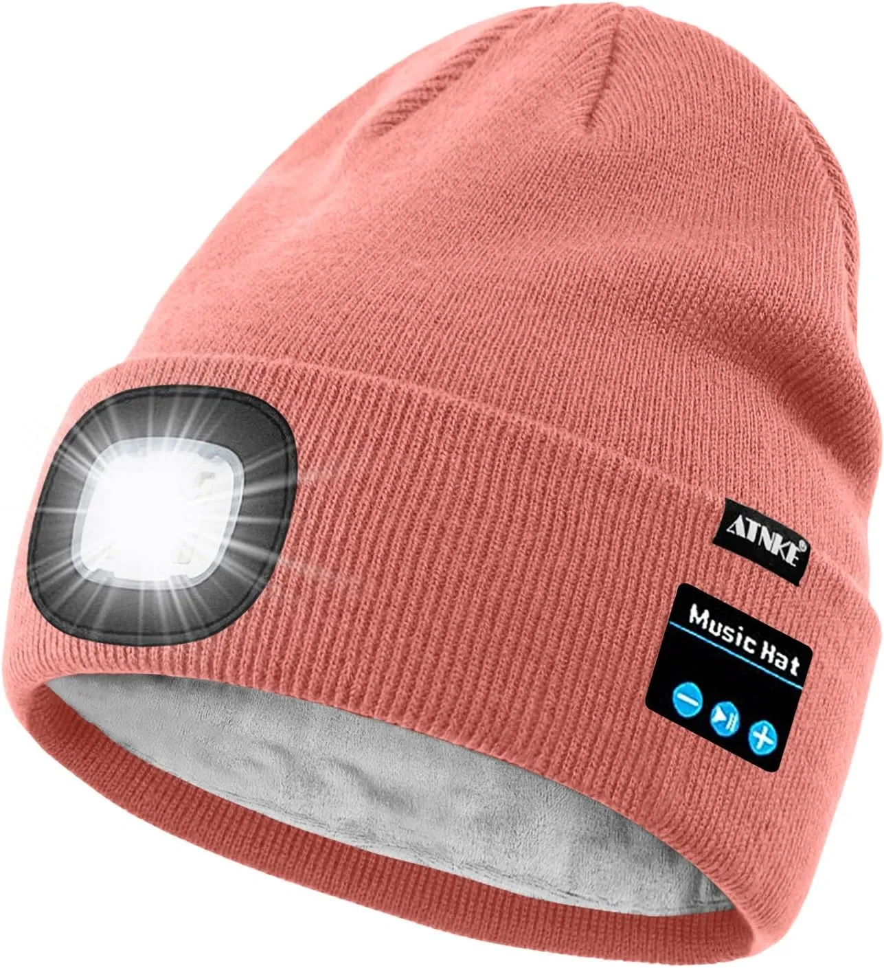 ATNKE LED Lighted Bluetooth Beanie Hat,USB Rechargeable 4 LED Wireless Run Headlamp Lined Fleece Cap for Men and Women