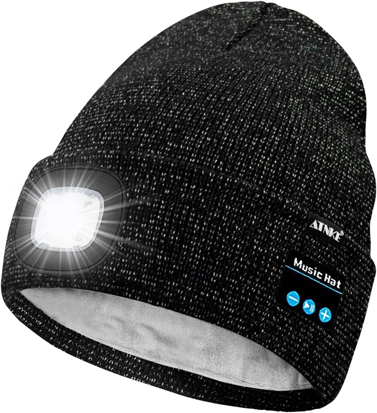 ATNKE LED Lighted Bluetooth Beanie Hat,USB Rechargeable 4 LED Wireless Run Headlamp Lined Fleece Cap for Men and Women