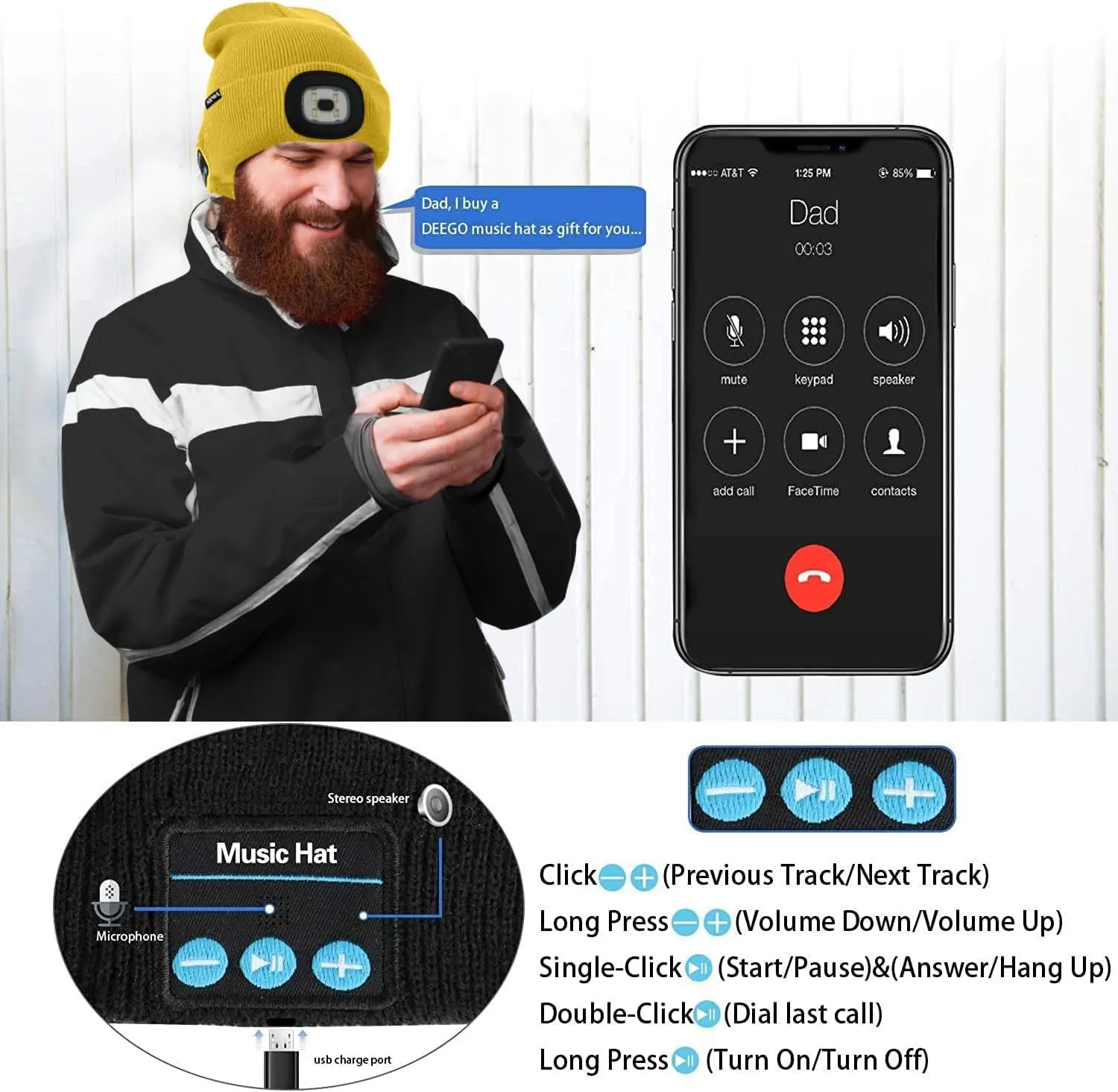 ATNKE LED Lighted Bluetooth Beanie Hat,USB Rechargeable 4 LED Wireless Run Headlamp Lined Fleece Cap for Men and Women