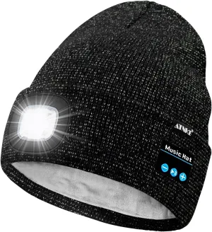 ATNKE LED Lighted Bluetooth Beanie Hat,USB Rechargeable 4 LED Wireless Run Headlamp Lined Fleece Cap for Men and Women