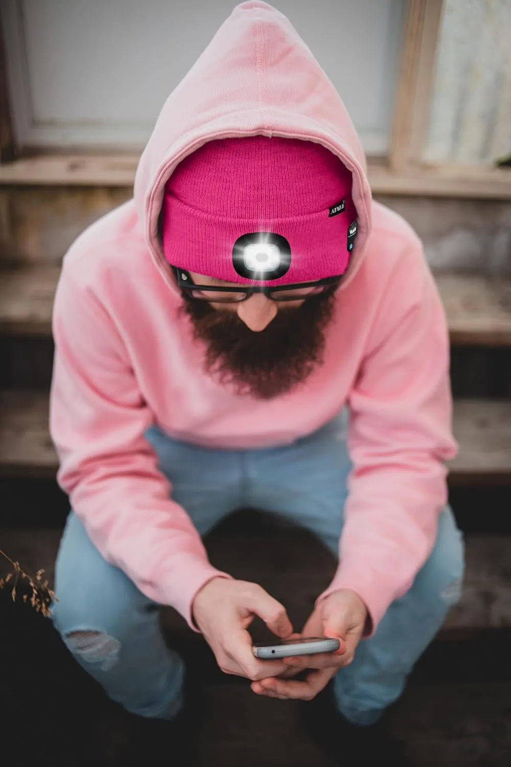 ATNKE LED Lighted Bluetooth Beanie Hat,USB Rechargeable 4 LED Wireless Run Headlamp Lined Fleece Cap for Men and Women