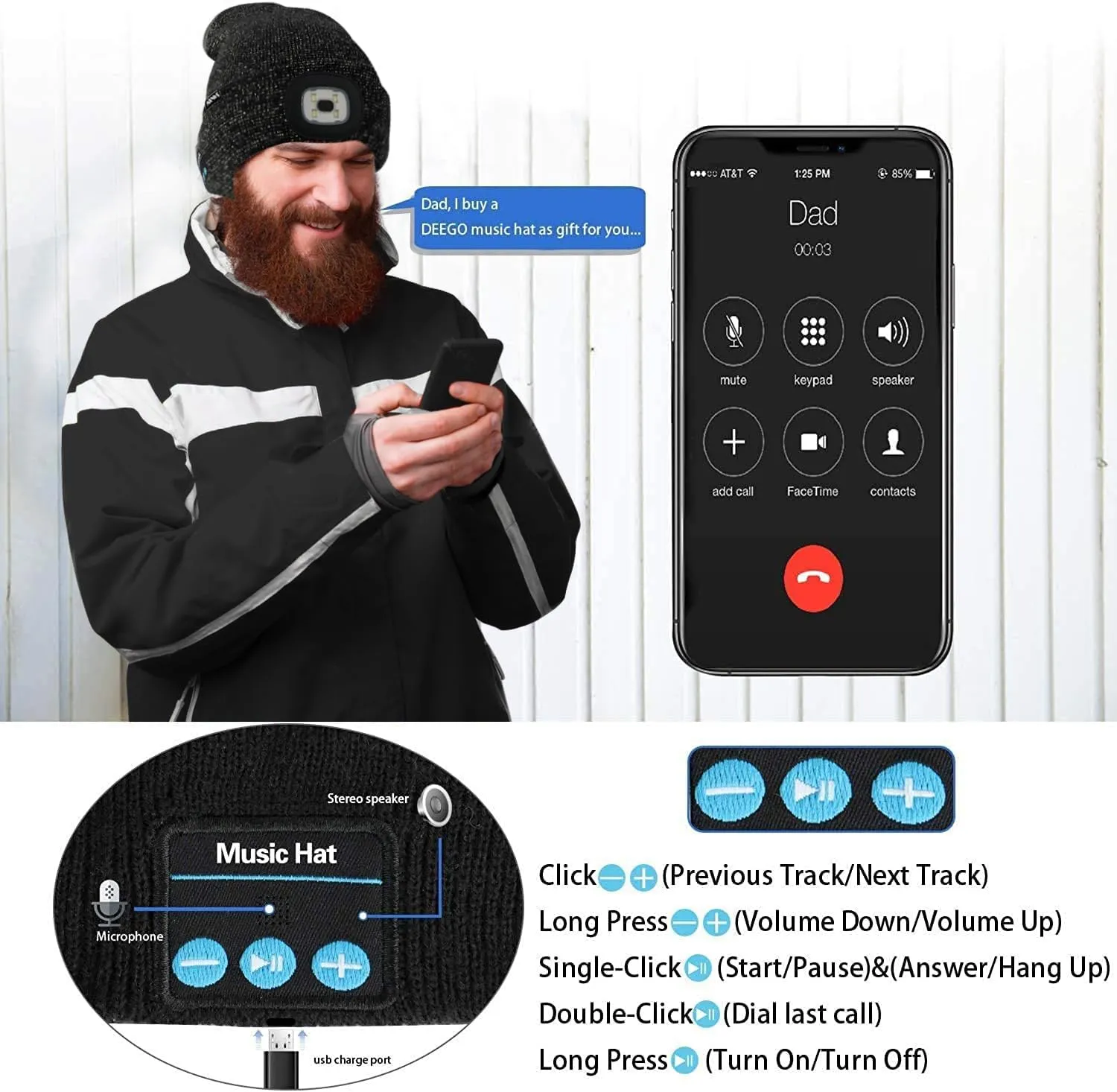 ATNKE LED Lighted Bluetooth Beanie Hat,USB Rechargeable 4 LED Wireless Run Headlamp Lined Fleece Cap for Men and Women
