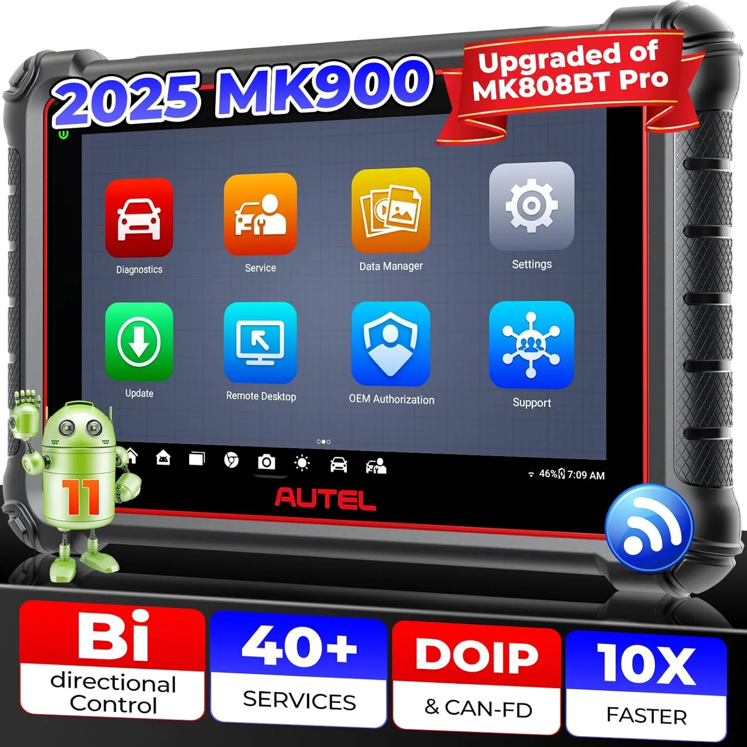 Autel Scanner MaxiCOM MK900, 2025 MK900 2.0 Bidirectional Diagnostic Tool as MK900BT, Pro Ver. of MX900 MK808S MK808BT MX808S MK808Z, 40  Resets, 3000  Active Tests, All Sys, CAN-FD&DOIP, OS 11, FCA