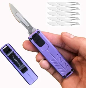 Automatic Utility Knife, Safety Black Box Cutter Retractable, EDC Push Button Knife, Exacto Scalpel Knife, 10PCS #23 Razor Blades Pocket Knife with Clip (Purple)