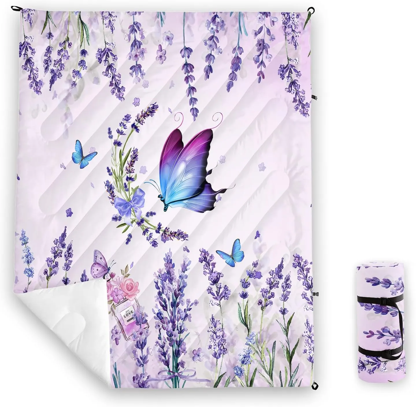 Axolotl Butterflies Camping Blanket,Lavender Packable Outdoor Blanket,Violet Flowers Perfume Lightweight Puffy Printed Camping Blanket,Purple Floral Waterproof Blanket for Traveling Beach Cold Weather