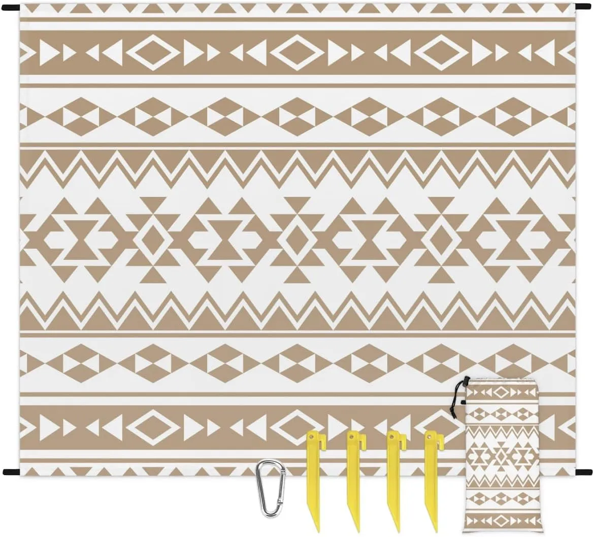 Aztec Print Beach Blanket, Sandproof Beach Mat, 68 x 59 Waterproof Quick Drying Sand Free Mat with 4 x Ground Spikes for Outdoor Travel Camping Hiking, Ethnic Aztec