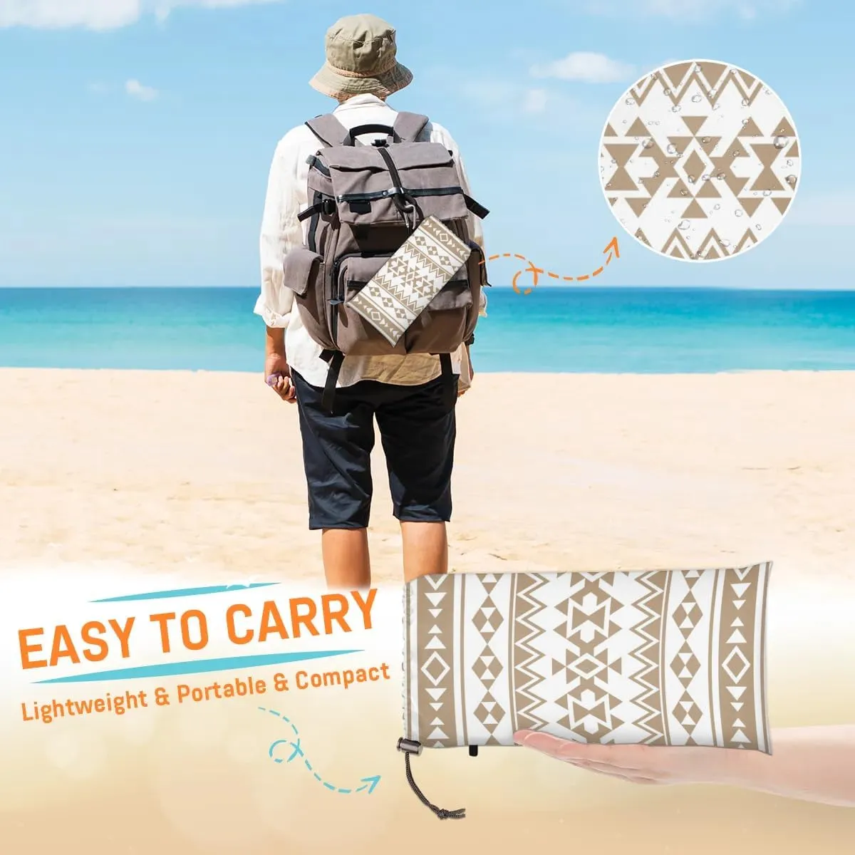 Aztec Print Beach Blanket, Sandproof Beach Mat, 68 x 59 Waterproof Quick Drying Sand Free Mat with 4 x Ground Spikes for Outdoor Travel Camping Hiking, Ethnic Aztec