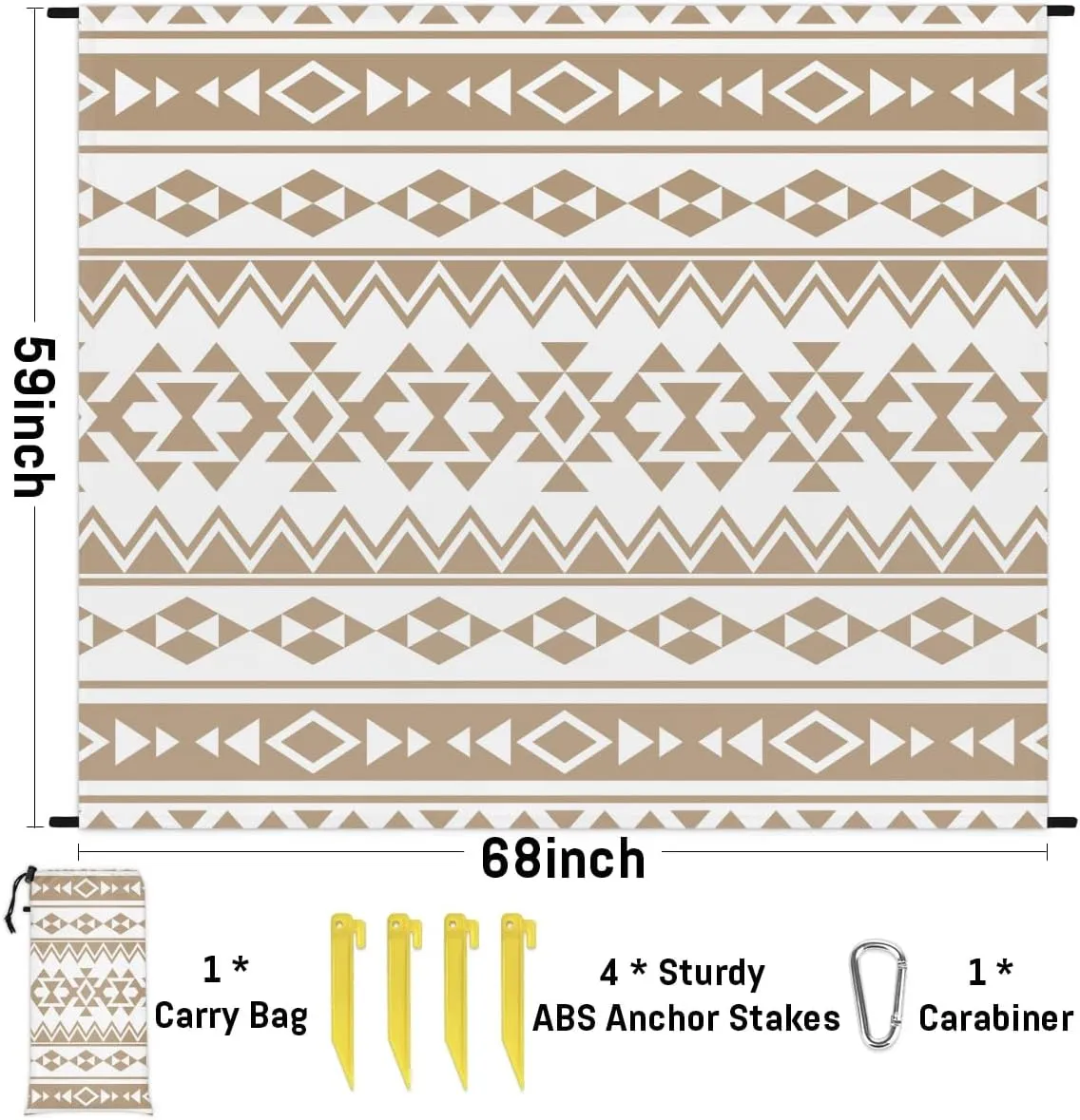 Aztec Print Beach Blanket, Sandproof Beach Mat, 68 x 59 Waterproof Quick Drying Sand Free Mat with 4 x Ground Spikes for Outdoor Travel Camping Hiking, Ethnic Aztec