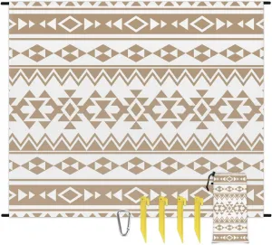 Aztec Print Beach Blanket, Sandproof Beach Mat, 68 x 59 Waterproof Quick Drying Sand Free Mat with 4 x Ground Spikes for Outdoor Travel Camping Hiking, Ethnic Aztec