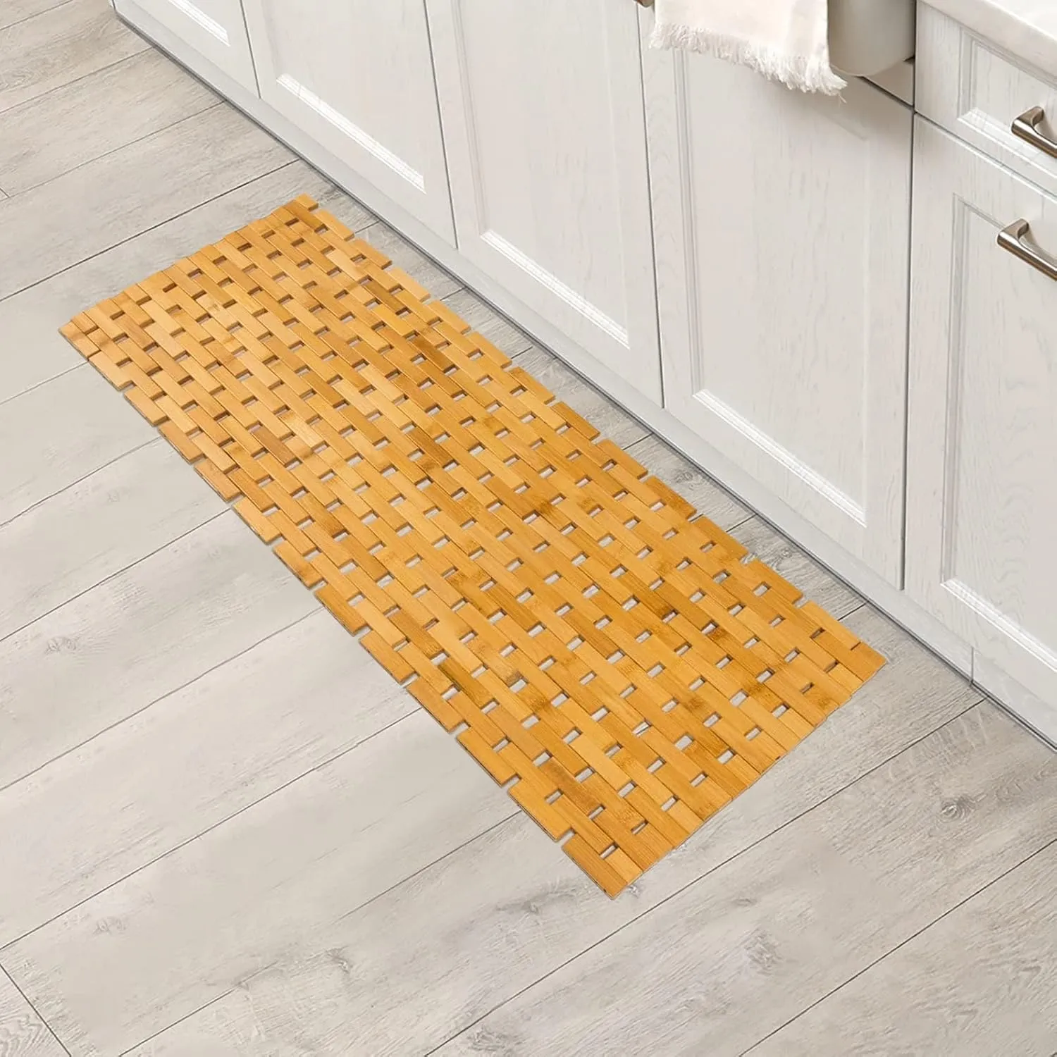 Bamboo Bath Mat Bathroom Runner Long Large Rugs Floor Wood Shower Bathtub Waterproof Non Slip Accessories 16x34 Inch Easy to Clean, Natural, 1 pc