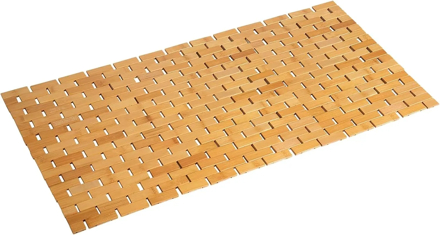 Bamboo Bath Mat Bathroom Runner Long Large Rugs Floor Wood Shower Bathtub Waterproof Non Slip Accessories 16x34 Inch Easy to Clean, Natural, 1 pc