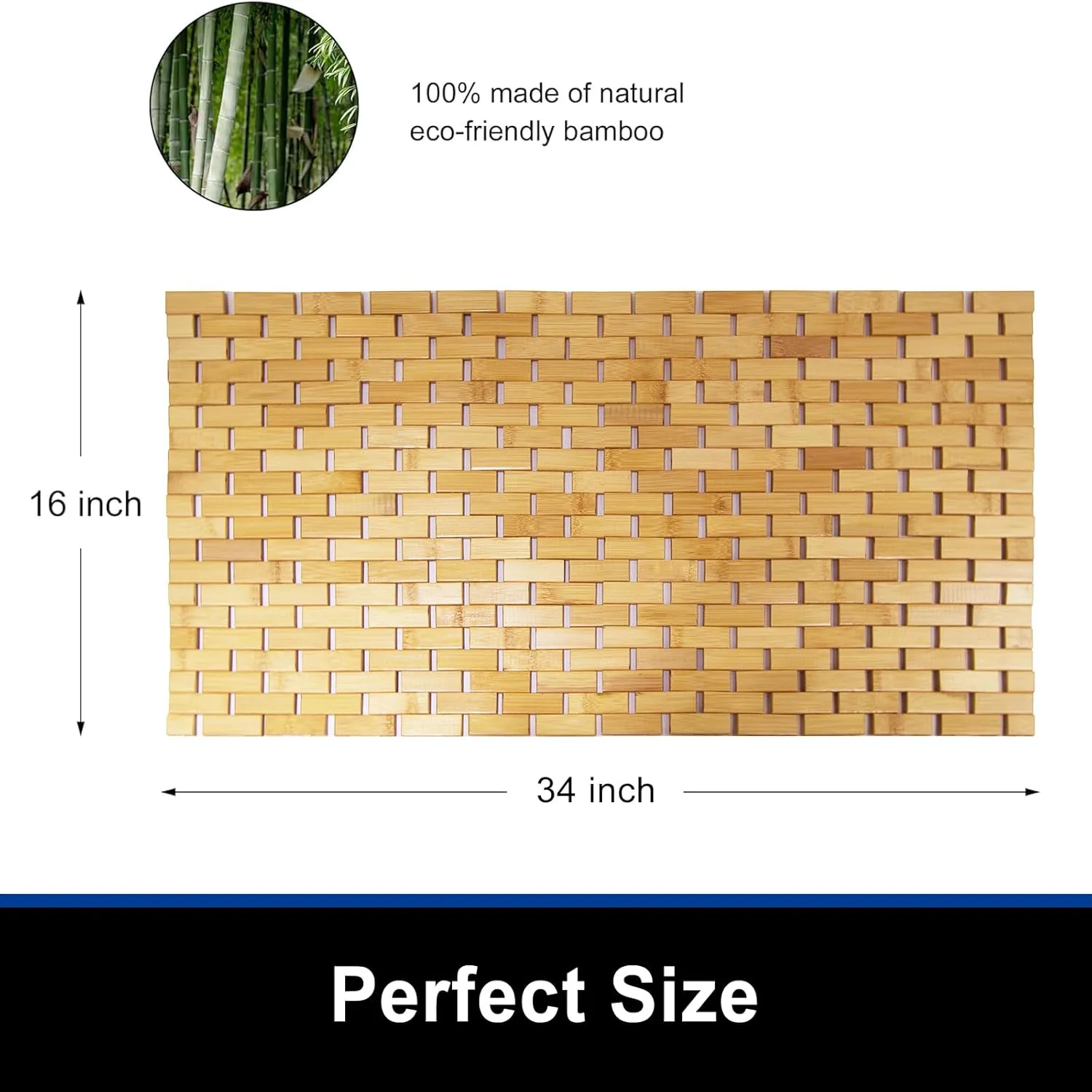 Bamboo Bath Mat Bathroom Runner Long Large Rugs Floor Wood Shower Bathtub Waterproof Non Slip Accessories 16x34 Inch Easy to Clean, Natural, 1 pc