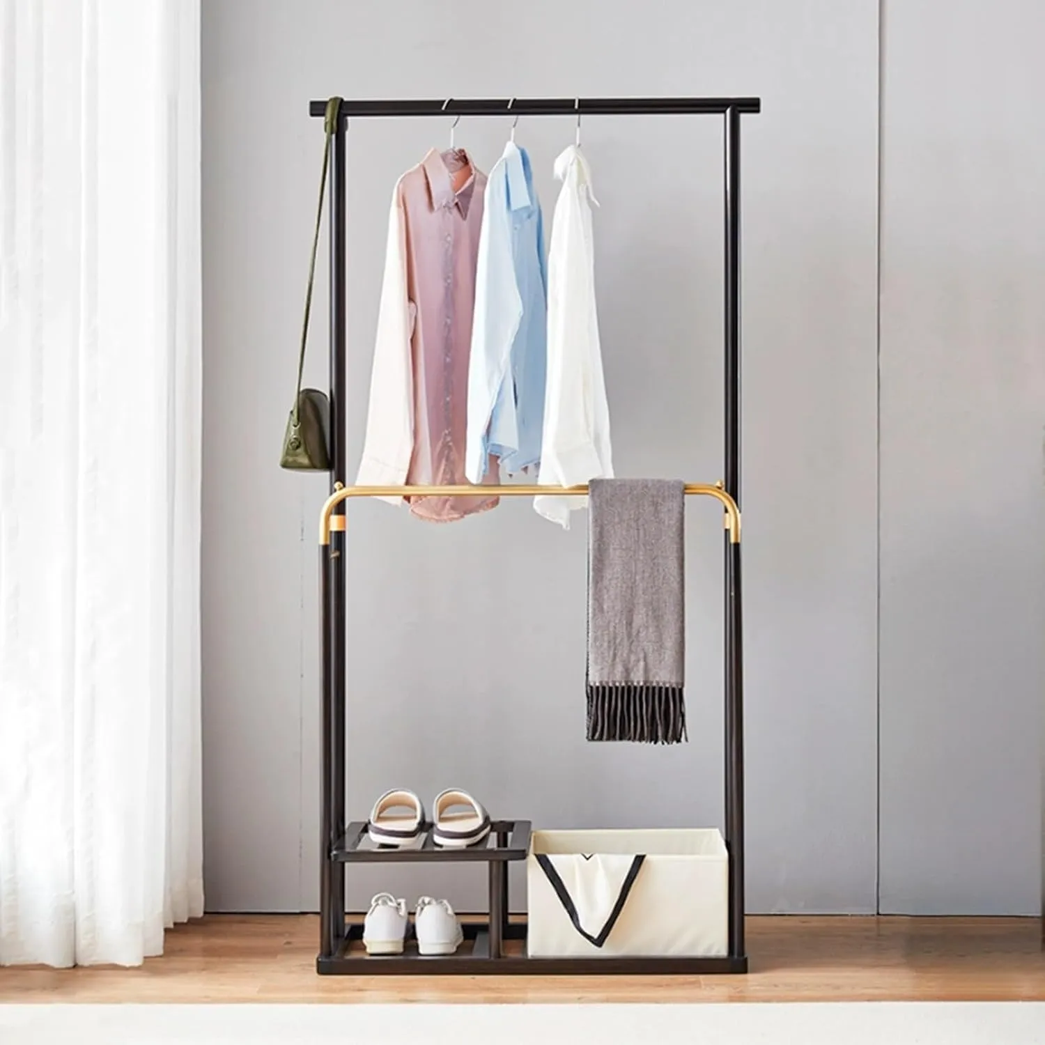 Bamboo Coat Racks, Coat Rack Stand with 2 Shelves and Foldable Basket, 4 in 1 Clothes Tree for Hats, Clothes, Scarves, Shoes(Brown)