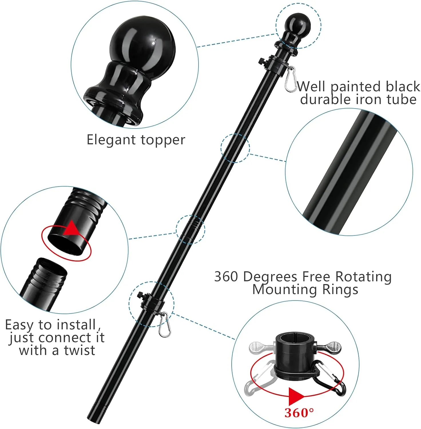 Barcetine American Flag Poles for Outside House - 6ft Tangle Free Flag Pole for House with Holder Bracket,Residential Flagpole Kit for Outdoor Porch Garage - Black