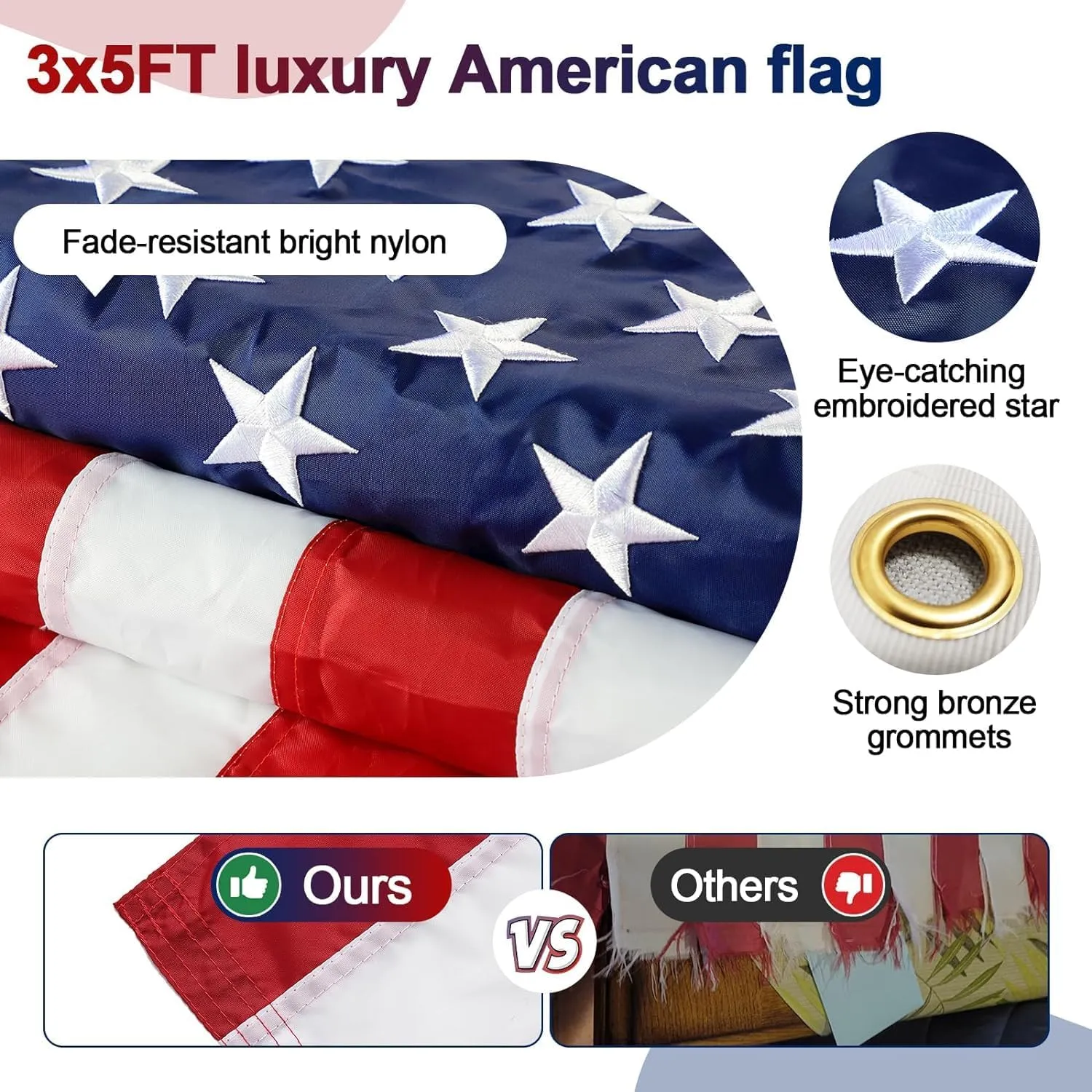 Barcetine Flag Pole Kit with 3x5 US Flag - Includes 5ft Heavy Duty Tangle Free Flagpole,Weather Resistant 3x5 Embroidered American Flag,Aluminum Holder Bracket,for Outside House,Porch,Outdoor
